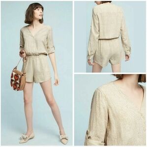 Anthropologie Cloth & Stone Romper Womens Small Linen Blend Faux Wrap neutral